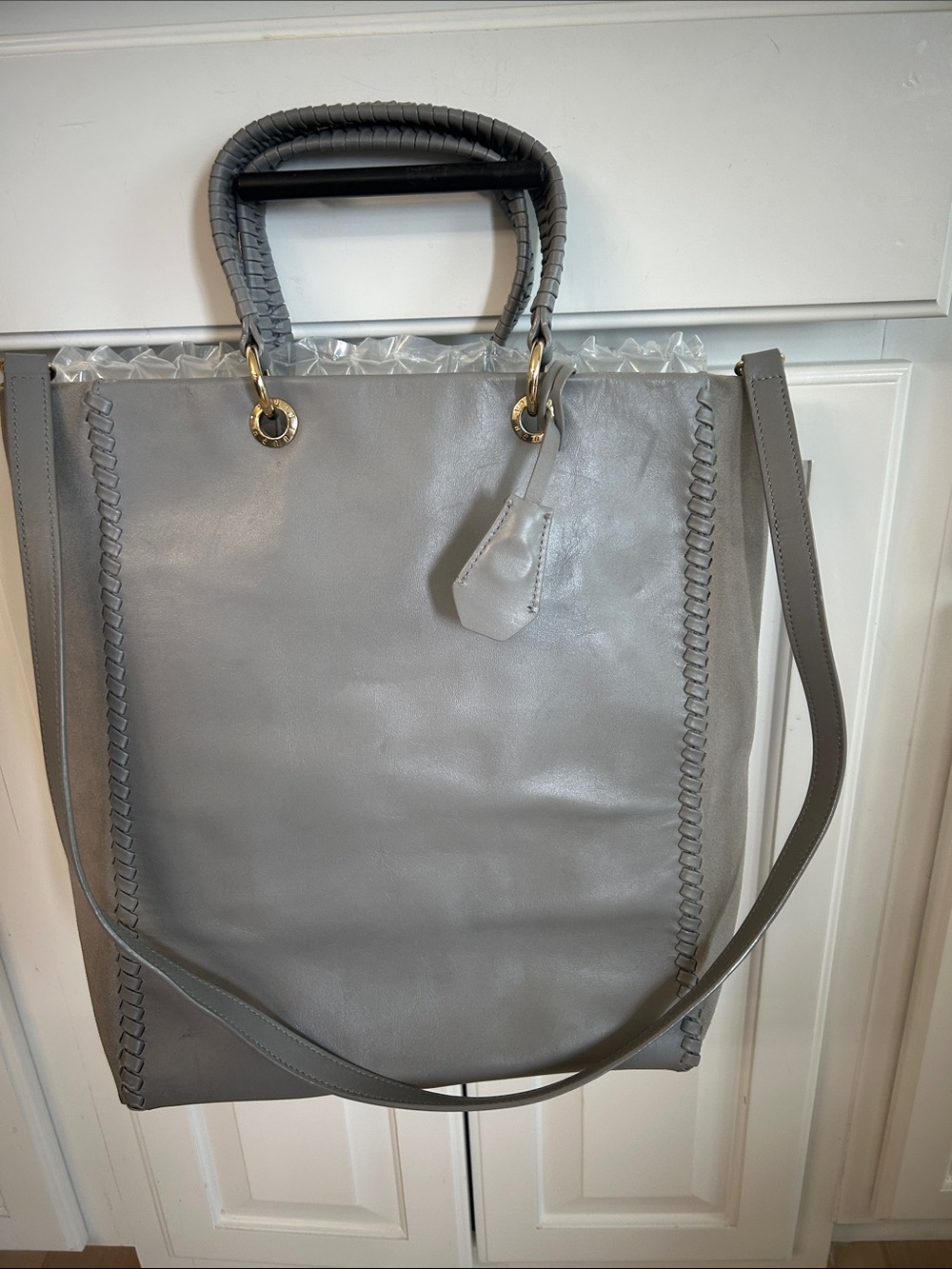 henri bendel Gray Leather Tote with Braided Handles